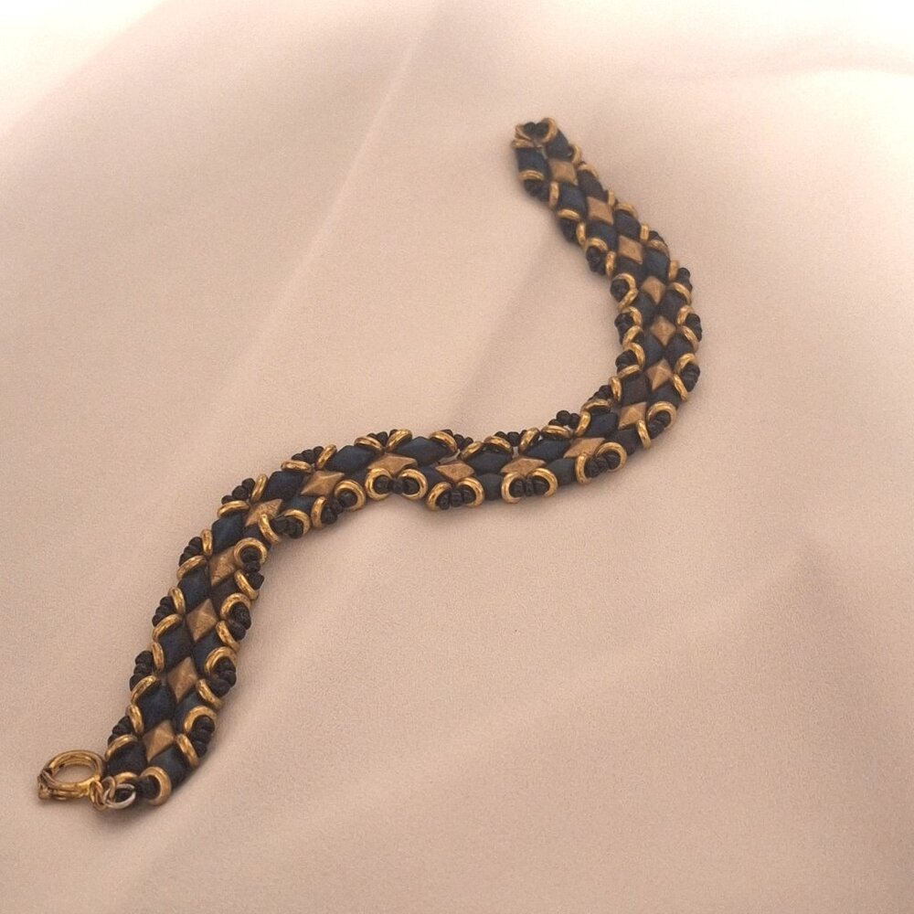 Artisan Beaded Black and Gold Metallic Diamond Dragon Scale Large Bracelet
